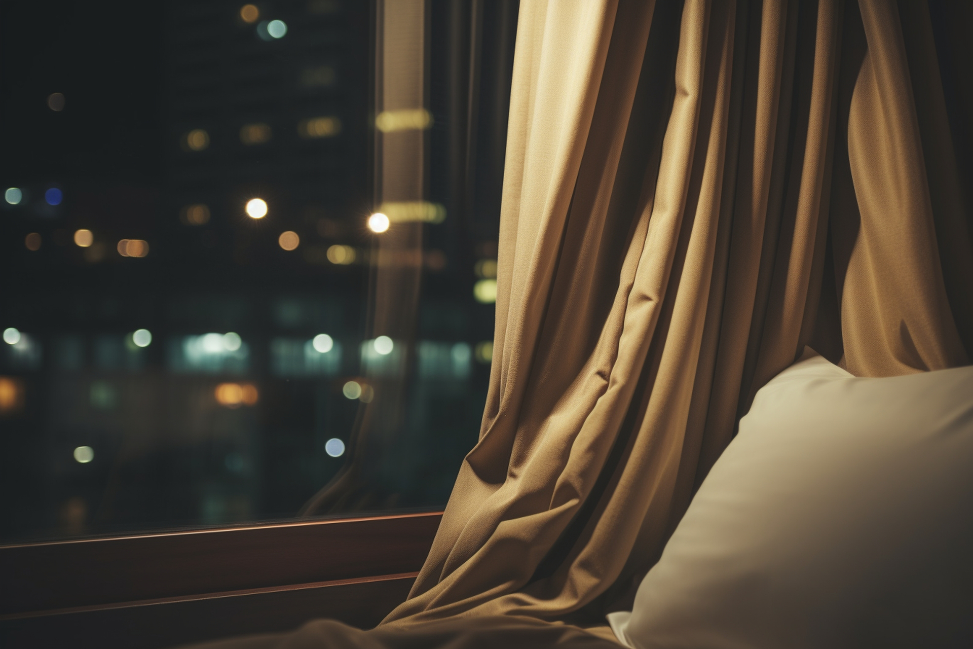 Bildausschnitt: Abendmoment im Hotelzimmer, Smartphone-Leuchten im Bett